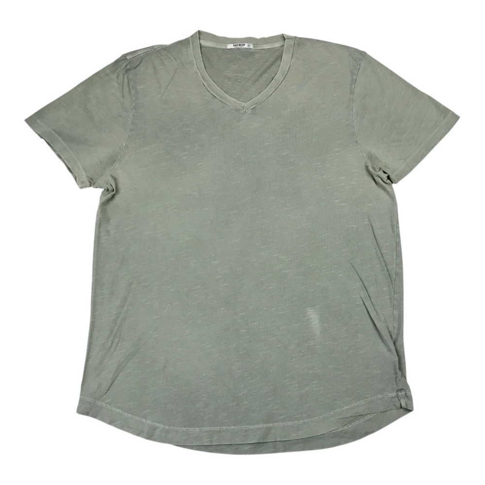 Buck Mason V Neck Shirt Mens XL Green Short Sleeve Curved Hem Tee USA Made BM145